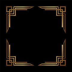 Art Deco Gold Square vector frame on black. Isolated metal border with empty space