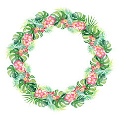 A wreath of monstera and plumeria. Tropical plants. The frame is made of monstera. Watercolor illustration on an isolated background.