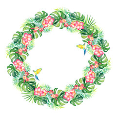 A wreath of monstera, palm branch and yellow macaw. Hawaiian wreath. Watercolor illustration on an isolated background. Summer wreath.