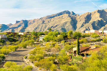 Mansions or houses and homes in the neighborhood in rural parts of arizona with visible street in the hills and moutains