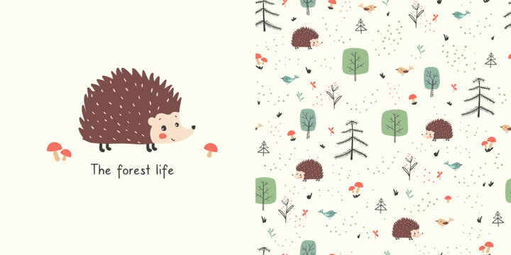 Fototapeta The forest life. Seamless pattern with hand drawn cartoon forest and shirt design for kids. Cute hedgehog, mushrooms and trees. Vector