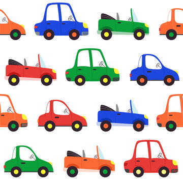 Vector seamless pattern with cartoon cars. Bright flat vehicles in repeated print