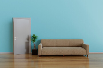 Fototapeta na wymiar the concept of minimalism in the interior. a sofa and a flower in a pot next to the closed door. 3D render