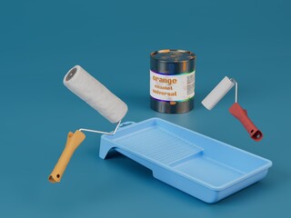 the concept of painting the walls. sudok, paint rollers and a can of paint on a turquoise background. 3D render