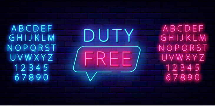 Duty free neon sign on brick wall. Speech bubble frame. Special offer airport design. Vector stock illustration