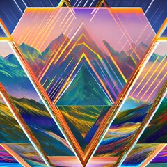 A kaleidoscope-inspired mountain range with geometric patterns and a rainbow sky1, Generative AI
