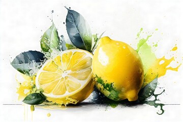lemon in water splash, lemon illustration, lemon with leaf, fruit illustration, lemon art, generative AI © Denis