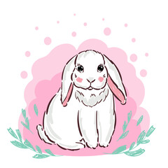 Hand drawn vector cute Bunny. Rabbit pink girl print illustration. Print for children t-shirts.
