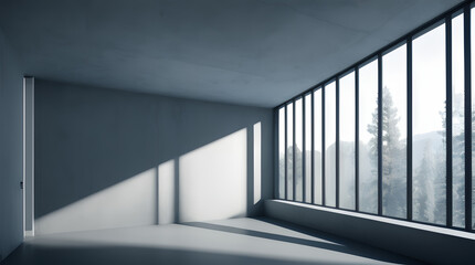 Fototapeta premium 3d render of an interior of a modern living room with huge windows, cozy, calm atmosphere, white walls