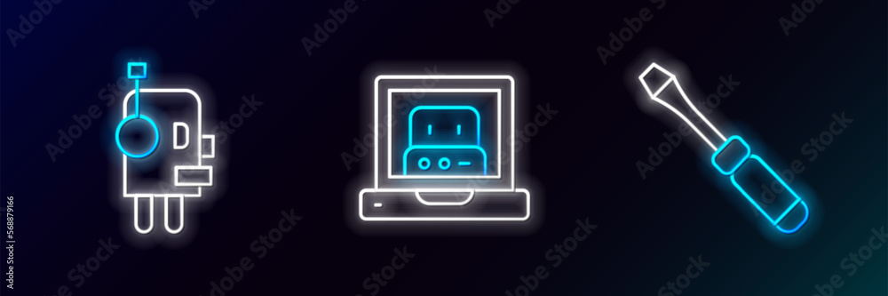 Poster set line screwdriver, robot and creating robot icon. glowing neon. vector