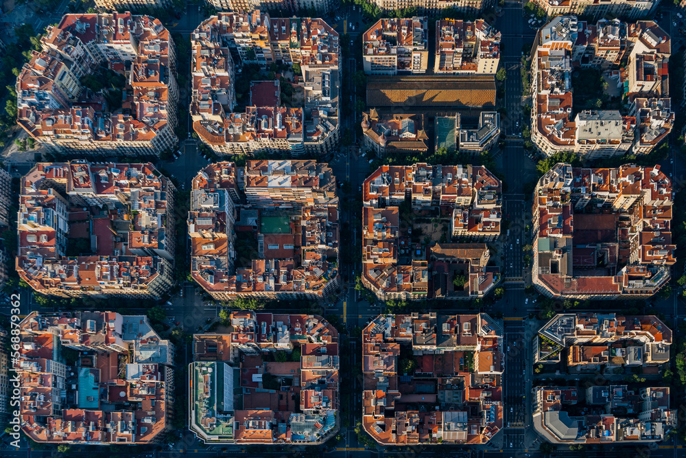 Wall mural aerial view of typical buildings of barcelona cityscape from helicopter. top view, eixample residenc