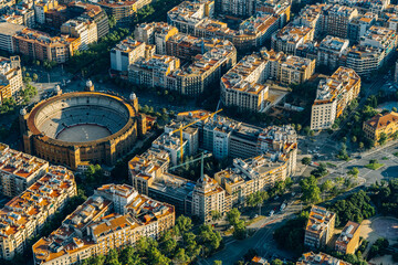 Aerial view of typical buildings of Barcelona cityscape from helicopter. top view, Eixample residencial famous urban grid