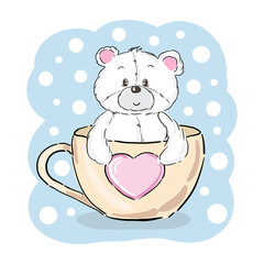 Fototapeta na wymiar Cute baby cartoon bear sitting in cup. Vector illustration. Can be used for t-shirt print, kids wear fashion design, baby shower invitation card