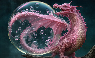 Beautiful dreamy pink dragon the color of bubble gum blowing bubbles full body. Year of the dragon 2024. Fantasy image of a dragon created with generative ai.