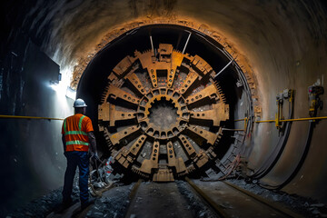 Engineer to wear orange helmets vests safety. Technician control underground construction working shaft. Transport pipeline tunnel boring machine method for electric train subway. Generative AI. - obrazy, fototapety, plakaty