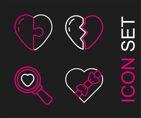 Set line Candy in heart shaped box, Search love, Broken and Heart icon. Vector