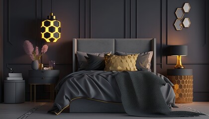 interior of apartement bedroom with elegant black color. generative Ai