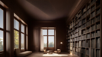 3d render of an interior of a modern living room with huge windows, cozy, calm atmosphere
