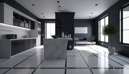 interior modern kitchen room and dining room. Generative Ai