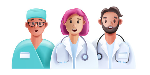 3D doctor medical team, vector healthcare personnel, female male hospital staff character face. Cartoon young nurse professional clinic cardiologist, emergency help therapist. 3D doctor smiling avatar