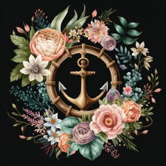 Seamless watercolor nautical floral pattern with steering wheel, anchor and floral arrangement on black background,  AI assisted finalized in Photoshop by me 