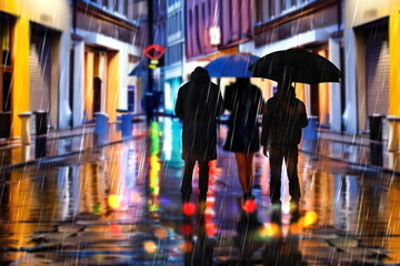 Obraz premium night city rain, building windows carrs traffic light pedestrian with umbrellas walk urban life style generated ai