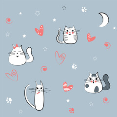 Сhildish pattern with cute cats, kids print. Animal blue seamless background, cute vector texture for kids bedding, wallpaper, t-shirt print, wrapping paper, textile, fabric