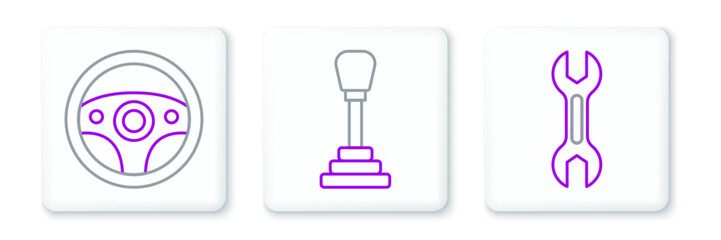 Set line Wrench spanner, Steering wheel and Gear shifter icon. Vector