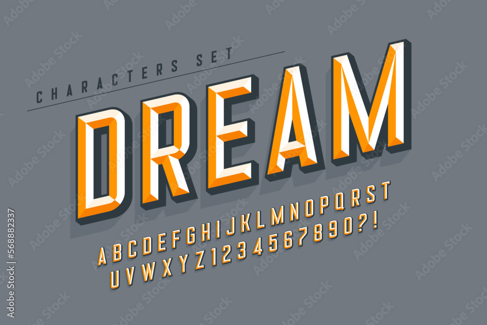 Wall mural original display font design, chisel alphabet style, letters and numbers.