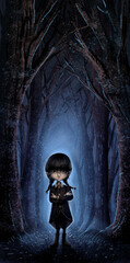 Illustration of a sinister girl in the night forest