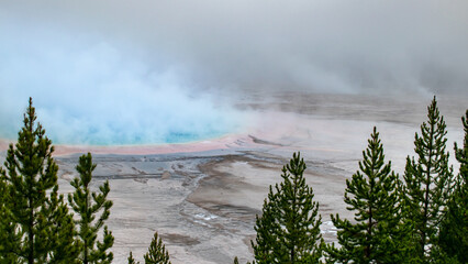 Grand Prismatic colors in the fog.