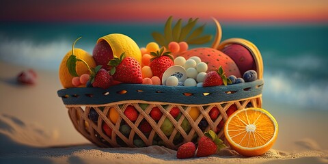 Naklejka premium romantic fruit basket with bokeh background of beach, generative artificial intelligence
