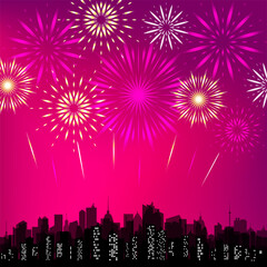 City skyline with festive fireworks. Glowing light over the city. Vector holiday cityscape background