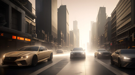 technological city skyline with traffic foggy atmosphere newyork style
