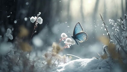 In ice and snow, A light blue ice butterfly falls in the snow, Around the trees, There are beautiful little flowers, and a ray of sunlight shines on the snow through the woods, generative ai