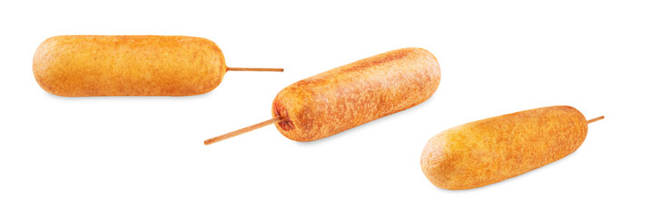 Corn dog on a white isolated background. Asian hot dog with sauces. Street food