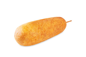 Corn dog on a white isolated background. Asian hot dog with sauces. Street food