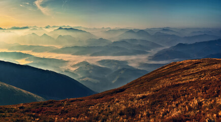 silhouettes of morning mountains. foggy morning in the Carpathians. Mountain landscape