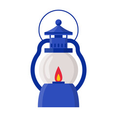 Retro kerosene lamp vector illustration. Old lamp with holder and burning candle, lighting for miners or travelers on white background. Tourism, lighting concept