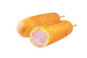 Corn dog on a white isolated background. Asian hot dog with sauces. Street food