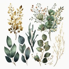 Watercolor floral illustration set - flower and green gold leaf  for wedding stationary, greetings, wallpapers, background. Eucalyptus, olive, green leaves, AI generative