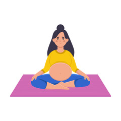 Pregnant cartoon woman doing yoga vector illustration. Young mother doing yoga exercises sitting in lotus pose isolated on white background. Pregnancy, health, relaxation concept