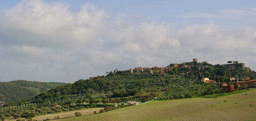 Scenic Tuscany landscape panorama with rolling hills. Italy.