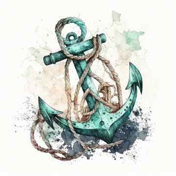 Watercolor hand drawn nautical / marine illustration with anchor and rope, AI assisted finalized in Photoshop by me 