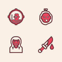 Set Bloody knife, Headshot, Murder and Thief mask icon. Vector