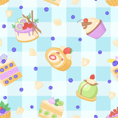 Cake seamless pattern. Sweet dessert vector background.
