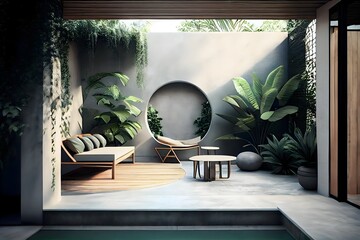 Eine moderne, minimalistische Apartmentterrasse zum Entspannen, mit kleinem Pool und Platz für Zen-Meditation, generative Ai, in erdigen und grünen Farben, tropisches Design