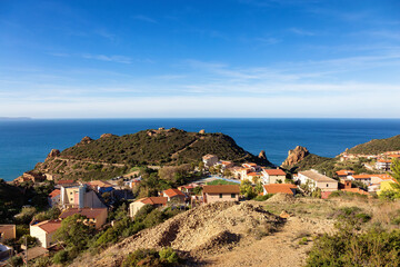 Small Touristic Town, Nebida, on the Sea Coast. Sardinia, Italy. Sunny Day,