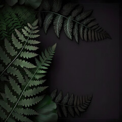 fern leaves lie on a dark background with space for text, made by Ai