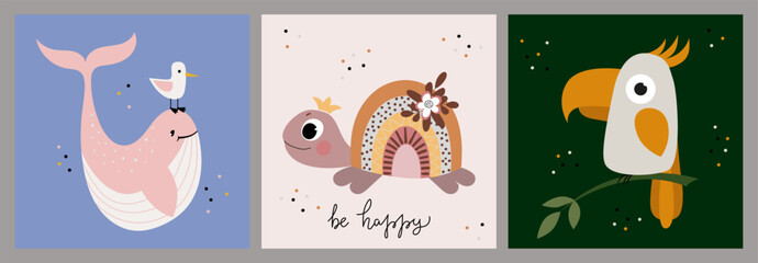 A set of illustrations with cute animals. Whale, turtle and parrot. Baby shower cards collection. Postcard, poster, children's room decoration, kids tee print.